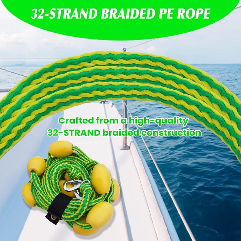 SETYPARY 60FT Floating Boat Tow Rope for Tubing, Fits 1-6 Person Towable Tubes, Heavy-Duty Boat Tube Rope with 9pcs Yellow Floats and Stainless Steel Hook for Watersports - Image 3